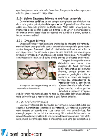 37
que deseja usar mais antes de fazer isso é importante saber a propor-
ção dos pixels do outro dispositivo.
2.2- Sobre Imagens bitmap e gráficos vetoriais
Os elementos gráficos de um computador podem ser divididos em
duas categorias principais—bitmap e vetor. É possível trabalhar com
esses dois tipos de gráficos no Photoshop. Além disso, um arquivo do
Photoshop pode conter dados em bitmap e de vetor. Compreender a
diferença entre essas duas categorias irá ajudá-lo a criar, editar e
importar a arte-final.
2.2.1- Imagens bitmap
Imagens bitmap—tecnicamente chamadas de imagens de varredu-
ra— utilizam uma grade de cores, conhecida como pixels, para repre-
sentar imagens. Para cada pixel são atribuídos um local e um valor de
cor específicos. Por exemplo, o pneu de uma bicicleta em uma imagem
bitmap é formado por um mosaico de pixels nesse local. Ao trabalhar
com imagens bitmap, você edita pixels em vez de objetos ou formas.
Imagens bitmap são o meio
eletrônico mais comum para
imagens de tons contínuos,
como fotografias ou pinturas
digitais, porque podem re-
presentar gradações sutis de
sombras e cores. As imagens
bitmap são dependentes de
resolução—isto é, contêm um
número fixo de pixels. Conse-
qüentemente, podem perder
detalhes e parecer irregula-
res se forem redimensionadas na tela ou impressas com uma resolução
mais baixa do que a resolução para a qual foram criadas.
2.2.2- Gráficos vetoriais
Gráficos vetoriais são formados por linhas e curvas definidas por
objetos matemáticos chamados de vetores. Os vetores descrevem
uma imagem de acordo com suas características geométricas. Por
exemplo, o pneu de uma bicicleta em um gráfico vetorial é formado por
uma definição matemática de um círculo desenhado com um raio, defi-
nido em um determinado local e preenchido com uma cor específica. É
Exemplo de uma imagem bitmap em dife-
rentes níveis de ampliação
Adquirindo Imagens
 