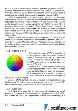 52 Photoshop CS2
do processo e às mais escuras (sombra), porcentagens mais altas. Por
exemplo, um vermelho vivo pode conter 2% de ciano, 93% de magenta,
90% de amarelo e 0% de preto. Em imagens CMYK, o branco puro é
criado quando os quatro componentes possuem valores de 0%.
Utilize o modo CMYK ao preparar uma imagem para ser impressa
com cores de processo. Converter uma imagem RGB em CMYK cria uma
separação de cores. Se você começar com uma imagem RGB, convém
editar primeiro e, em seguida, converter em CMYK. No modo RGB, é
possível utilizar os comandos de Configuração de Prova para simular os
efeitos de uma conversão em CMYK sem alterar os dados da imagem
real.Também é possível utilizar o modo CMYK para trabalhar direta-
mente com imagens CMYK digitalizadas ou importadas de sistemas
sofisticados.
Embora o CMYK seja um modelo de cores padrão, a escala exata de
cores representadas pode variar, dependendo da prensa e das condi-
ções de impressão. O modo CMYK do Photoshop varia de acordo com
a configuração do espaço de trabalho especificada na caixa de diálogo
Configurações de Cores.
3.1.6- Modelo L*a*b
O modelo de cores L*a*b é baseado no
modelo proposto pela Commission Interna-
tionale d’Eclairage (CIE) em 1931 como um
padrão internacional para medição de cores.
Em 1976, esse modelo foi aprimorado e no-
meado CIE L*a*b.
Cores L*a*b foram desenvolvidas para
serem independentes de dispositivo, criando
cores consistentes sem levar em considera-
ção o dispositivo (como monitor, impresso-
ra, computador ou scanner) utilizado para a
criação ou saída da imagem.
Uma cor L*a*b consiste em um componente de luminescência ou
luminosidade (L) e dois componentes cromáticos: o componente a (de
verde a vermelho) e o componente b (de azul a amarelo).
3.1.7- Modo Lab
No Photoshop, o modo Lab (os asteriscos são retirados do nome)
possui um componente de luminosidade (L) que pode variar de 0 a 100.
No seletor de cores, os componentes a (eixo verde-vermelho) e b
 