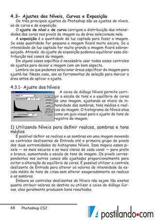 68 Photoshop CS2
4.3- Ajustes dos Níveis, Curvas e Exposição
Os três principais ajustes do Photoshop são os ajustes de níveis,
os de curva e de exposição.
O ajuste de nível e de curva corrigem a distribuição das intensi-
dades das cores nos pixels da imagem ou da área selecionada nela.
A exposição é a quantidade de luz captada para fazer a imagem.
Se essa quantidade for pequena a imagem ficará muito escura. Se a
intensidade de luz captada for muito grande a imagem ficará esbran-
quiçada. Através do ajuste de exposição podemos equilibrar essa dis-
tribuição nos canais da imagem.
Em alguns casos espcífico é necessário usar todos esses controles
de ajustes para deixar a imagem com um bom aspecto.
Lembre-se que podemos selecionar áreas espcíficar da imagem para
ajustá-las. Nesse caso, use as ferramentas de seleção para marcar a
área antes de aplicar o ajuste.
4.3.1- Ajuste dos Níveis
A caixa de diálogo Níveis permite corri-
gir a escala de tons e o equilíbrio de cores
de uma imagem, ajustando os níveis de in-
tensidade das sombras, tons médios e real-
ces da imagem. O histograma de Níveis atua
como um guia visual para o ajuste de tons de
registro da imagem.
1) Utilizando Níveis para definir realces, sombras e tons
médios
É possível definir os realces e as sombras em uma imagem movendo
os controles deslizantes de Entrada até o primeiro grupo de pixels
das duas extremidades do histograma Níveis. Isso mapeia esses pi-
xels — os mais escuros e os mais claros de cada canal — para preto
e branco, aumentando a escala de tons da imagem. Os pixels corres-
pondentes nos outros canais são ajustados proporcionalmente para
evitar a alteração do equilíbrio de cores. É possível utilizar o controle
deslizante de Entrada para alterar os valores de intensidade da es-
cala média de tons de cinza sem alterar exageradamente os realces
e as sombras.
Embora os controles deslizantes de Níveis não sejam tão exatos
quanto atribuir valores de destino ou utilizar a caixa de diálogo Cur-
vas, eles geralmente produzem bons resultados.
 