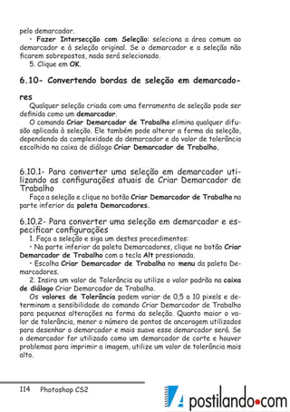 114 Photoshop CS2
pelo demarcador.
• Fazer Intersecção com Seleção: seleciona a área comum ao
demarcador e à seleção original. Se o demarcador e a seleção não
ficarem sobrepostos, nada será selecionado.
5. Clique em OK.
6.10- Convertendo bordas de seleção em demarcado-
res
Qualquer seleção criada com uma ferramenta de seleção pode ser
definida como um demarcador.
O comando Criar Demarcador de Trabalho elimina qualquer difu-
são aplicada à seleção. Ele também pode alterar a forma da seleção,
dependendo da complexidade do demarcador e do valor de tolerância
escolhido na caixa de diálogo Criar Demarcador de Trabalho.
6.10.1- Para converter uma seleção em demarcador uti-
lizando as configurações atuais de Criar Demarcador de
Trabalho
Faça a seleção e clique no botão Criar Demarcador de Trabalho na
parte inferior da paleta Demarcadores.
6.10.2- Para converter uma seleção em demarcador e es-
pecificar configurações
1. Faça a seleção e siga um destes procedimentos:
• Na parte inferior da paleta Demarcadores, clique no botão Criar
Demarcador de Trabalho com a tecla Alt pressionada.
• Escolha Criar Demarcador de Trabalho no menu da paleta De-
marcadores.
2. Insira um valor de Tolerância ou utilize o valor padrão na caixa
de diálogo Criar Demarcador de Trabalho.
Os valores de Tolerância podem variar de 0,5 a 10 pixels e de-
terminam a sensibilidade do comando Criar Demarcador de Trabalho
para pequenas alterações na forma da seleção. Quanto maior o va-
lor de tolerância, menor o número de pontos de ancoragem utilizados
para desenhar o demarcador e mais suave esse demarcador será. Se
o demarcador for utilizado como um demarcador de corte e houver
problemas para imprimir a imagem, utilize um valor de tolerância mais
alto.
 