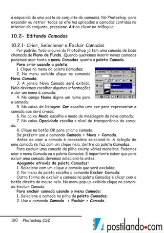 160 Photoshop CS2
à esquerda de uma pasta do conjunto de camadas. No Photoshop, para
expandir ou retrair todos os efeitos aplicados a camadas contidas no
interior do conjunto, pressione Alt ao clicar no triângulo.
10.2- Editando Camadas
10.2.1- Criar, Selecionar e Excluir Camadas
Por padrão, todo arquivo do Photoshop já tem uma camada de base
chamada de Plano de Fundo. Quando queremos inserir novas camadas
podemos usar tanto o menu Camadas quanto a paleta Camada.
Para criar usando a paleta:
1. Clique no menu da paleta Camadas;
2. No menu exibido clique no comando
Nova Camada;
3. A janela Nova Camada será exibida.
Nela devemos escolher algumas informações
e dar um nome à camada;
4. No campo Nome digire um nome para
a camada;
5. Na caixa de listagem Cor escolha uma cor para representar a
camada que será criada;
6. Na caixa Modo escolha o modo de mesclagem da nova camada;
7. Na caixa Opacidade escolha o nível de transparência da cama-
da;
8. Clique no botão OK para criar a camada.
Se preferir use o comando Camada  Nova  Camada.
Antes de usar a camada é necessário selecioná-la. A seleção de
uma camada se faz com um clique nela, dentro da paleta Camadas.
Para excluir uma camada da pilha existe várias maneiras. Podemos
usar o menu Camada ou a paleta Camadas. É importante saber que para
exluir uma camada devemos selecioná-la antes.
Apagando através da paleta Camadas:
1. Selecione com um clique a camada que será excluída;
2. No menu da paleta escolha o comando Excluir Camada;
Outra forma de excluir a camada na paleta Camadas é clicar com o
botão direito do mouse nela. No menu pop-up exibido clique no coman-
do Excluir Camada.
Para excluir camada usando o menu Camada:
1. Selecione a camada na pilha da paleta Camadas;
2. Use o comando Camada  Excluir  Camada.
 