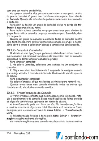 164 Photoshop CS2
com uma cor neutra predefinida.
Ao agrupar camadas elas passam a pertencer a uma pasta dentro
da paleta camadas. O grupo que contém a camada pode ficar aberto
ou fechado. Quando ele está aberto podemos selecionar suas camadas
e editá-las.
Para abrir ou fechar um grupo de camadas clique no botão de tri-
ângulo à esquerda do seu nome.
Para incluir outras camadas no grupo arraste-as para dentro do
grupo. Para retirar camadas do grupo arraste-as para fora dele, den-
tro da paleta.
Quando um grupo de camadas é excluído todas as camadas dentro
dele também são. Para excluir apenas uma camada do grupo é neces-
sário abrir o grupo e selecionar apenas a camada que será apagada.
10.3.2- Camadas Vinculadas
O vínculo é uma ligação que podemos estabelecer entre duas ou
mais camadas. As camadas vinculadas são parecidas com as camadas
agrupadas. Podemos vincular camadas e grupos.
Para vincular camadas:
1. Na paleta Camadas, selecione uma camada ou um conjunto de
camadas.
2. Clique na coluna imediatamente à esquerda de qualquer camada
que deseja vincular à camada selecionada. Um ícone de vínculo aparece
na coluna.
Para desvincular camadas:
Na paleta Camadas, clique nos ícones de vínculo para removê-los.
Quando arrastamos uma camada vinculada todas as outras que
também estão vinculadas a ela são movidas.
10.3.3- Transformação da Camada
A transformação consiste nas modificações como inclinação, rota-
ção e espelhamento da camada. Essas modificações são feitas através
de alças de controle que aparecem em torno do objeto.
A transformação pode ser livre ou não. Na transformação livre
o usuário arrasta as alças com total liberdade até modelar a forma
desejada para a camada através do menu Editar  Transformação
Livre.
A Transformação Precisa é feita pelo Menu Editar  Transfor-
mação e escolha na barra de opções.
As transformações em uma camada vinculada afeta todas as outras
 