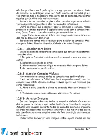 177
não for problema você pode optar por agrupar as camadas ao invés
de mesclar. A mesclagem deve ser feita quando as camadas já es-
tão prontas. Não é necessário mesclar todas as camadas, mas apenas
aquelas que já não serão mais alteradas.
Ao mesclar as camadas os pixels das camadas superiores substi-
tuem os pixels subjacentes a eles nas camadas inferiores.
Outra operação que podemos fazer é carimbar a camada. Nesse
processo a camada superior é copiada e mesclada com a camada infe-
rior. Dessa forma a camada superior permanece intacta.
É importante saber que ao salvar uma imagem as camadas mescla-
das não poderão ser desfeitas.
Basicamente temos três comandos para mesclar as camadas: Mes-
clar para Baixo, Mesclar Camadas Visíveis e Achatar Imagem.
10.8.1- Mesclar para Baixo
Mescla a camada selecionada com aquela que estiver imediatamen-
te abaixo dela:
1. Na paleta Camadas posicione as duas camadas uma em cima da
outra;
2. Selecione a camada de cima;
3. Abra o menu Camada e clique no comando Mesclar para Baixo;
4. As duas camadas serão unidas.
10.8.2- Mesclar Camadas Visíveis
Une numa única camada todas as camadas que estão visíveis:
1. Através do ícone de “olho” que fica à esquerda em cada uma das
camadas (na paleta Camadas) deixe visíveis apenas as camadas que
serão mescladas;
2. Abra o menu Camada e clique no comando Mesclar Camadas Vi-
síveis;
3. Todas as camadas que estiverem visíveis serão unidas.
10.8.3- Achatar Imagem
Em uma imagem achatada, todas as camadas visíveis são mescla-
das no plano de fundo, o que reduz bastante o tamanho do arquivo.
Achatar uma imagem descarta todas as camadas ocultas e preenche
as áreas transparentes restantes com branco. Na maioria dos casos,
não convém achatar um arquivo antes do final da edição das camadas
individuais.
Observação: Converter uma imagem entre alguns modos de cor
Camadas
 