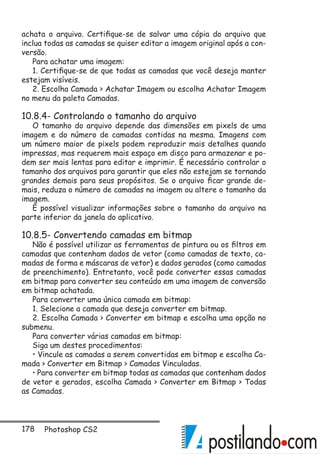 178 Photoshop CS2
achata o arquivo. Certifique-se de salvar uma cópia do arquivo que
inclua todas as camadas se quiser editar a imagem original após a con-
versão.
Para achatar uma imagem:
1. Certifique-se de que todas as camadas que você deseja manter
estejam visíveis.
2. Escolha Camada  Achatar Imagem ou escolha Achatar Imagem
no menu da paleta Camadas.
10.8.4- Controlando o tamanho do arquivo
O tamanho do arquivo depende das dimensões em pixels de uma
imagem e do número de camadas contidas na mesma. Imagens com
um número maior de pixels podem reproduzir mais detalhes quando
impressas, mas requerem mais espaço em disco para armazenar e po-
dem ser mais lentas para editar e imprimir. É necessário controlar o
tamanho dos arquivos para garantir que eles não estejam se tornando
grandes demais para seus propósitos. Se o arquivo ficar grande de-
mais, reduza o número de camadas na imagem ou altere o tamanho da
imagem.
É possível visualizar informações sobre o tamanho do arquivo na
parte inferior da janela do aplicativo.
10.8.5- Convertendo camadas em bitmap
Não é possível utilizar as ferramentas de pintura ou os filtros em
camadas que contenham dados de vetor (como camadas de texto, ca-
madas de forma e máscaras de vetor) e dados gerados (como camadas
de preenchimento). Entretanto, você pode converter essas camadas
em bitmap para converter seu conteúdo em uma imagem de conversão
em bitmap achatada.
Para converter uma única camada em bitmap:
1. Selecione a camada que deseja converter em bitmap.
2. Escolha Camada  Converter em bitmap e escolha uma opção no
submenu.
Para converter várias camadas em bitmap:
Siga um destes procedimentos:
• Vincule as camadas a serem convertidas em bitmap e escolha Ca-
mada  Converter em Bitmap  Camadas Vinculadas.
• Para converter em bitmap todas as camadas que contenham dados
de vetor e gerados, escolha Camada  Converter em Bitmap  Todas
as Camadas.
 