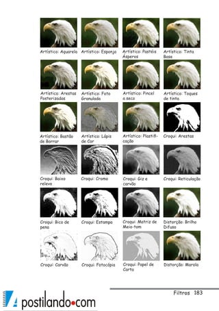 183
Artístico: Aquarela Artístico: Esponja Artístico: Tinta
Base
Artístico: Pastéis
Ásperos
Artístico: Arestas
Posterizadas
Artístico: Foto
Granulada
Artístico: Pincel
a seco
Artístico: Toques
de tinta
Artístico: Bastão
de Borrar
Artístico: Lápis
de Cor
Artístico: Plastifi-
cação
Croqui: Arestas
Croqui: Baixo
relevo
Croqui: ReticulaçãoCroqui: Giz e
carvão
Croqui: Cromo
Croqui: Bico de
pena
Distorção: Brilho
Difuso
Croqui: Matriz de
Meio-tom
Croqui: Estampa
Croqui: Carvão Distorção: MarolaCroqui: Papel de
Carta
Croqui: Fotocópia
Filtros
 