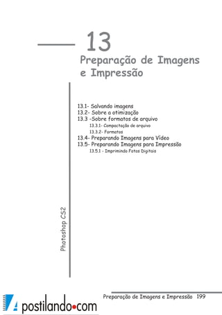 199
13
Preparação de Imagens
e Impressão
PhotoshopCS2
13.1- Salvando imagens
13.2- Sobre a otimização
13.3 -Sobre formatos de arquivo
13.3.1- Compactação de arquivo
13.3.2- Formatos
13.4- Preparando Imagens para Vídeo
13.5- Preparando Imagens para Impressão
13.5.1 - Imprimindo Fotos Digitais
Preparação de Imagens e Impressão
 