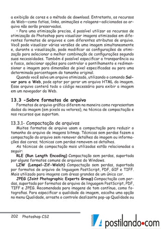202 Photoshop CS2
a exibição de cores e o método de download. Entretanto, os recursos
da Web—como fatias, links, animações e rolagens—adicionados ao ar-
quivo não serão preservados.
• Para uma otimização precisa, é possível utilizar os recursos de
otimização do Photoshop para visualizar imagens otimizadas em dife-
rentes formatos de arquivos e com diferentes atributos de arquivo.
Você pode visualizar várias versões de uma imagem simultaneamente
e, durante a visualização, pode modificar as configurações de otimi-
zação para selecionar a melhor combinação de configurações segundo
suas necessidades. Também é possível especificar a transparência ou
o fosco, selecionar opções para controlar o pontilhamento e redimen-
sionar a imagem para dimensões de pixel especificadas ou para uma
determinada porcentagem do tamanho original.
Quando você salva um arquivo otimizado, utilizando o comando Sal-
var para a Web, pode optar por gerar um arquivo HTML da imagem.
Esse arquivo conterá todo o código necessário para exibir a imagem
em um navegador da Web.
13.3 -Sobre formatos de arquivo
Formatos de arquivo gráfico diferem na maneira como representam
dados da imagem (em pixels ou vetores), na técnica de compactação e
nos recursos que suportam.
13.3.1- Compactação de arquivos
Muitos formatos de arquivo usam a compactação para reduzir o
tamanho do arquivo de imagens bitmap. Técnicas sem perdas fazem a
compactação do arquivo sem remover detalhes da imagem ou informa-
ções das cores; técnicas com perdas removem os detalhes.
As técnicas de compactação mais utilizadas estão relacionadas a
seguir:
RLE (Run Length Encoding) Compactação sem perdas, suportada
por alguns formatos comuns de arquivos do Windows.
LZW (Lempel-Zif-Welch) Compactação sem perdas, suportada
por formatos de arquivo de linguagem PostScript, PDF, GIF e TIFF.
Mais utilizado para imagens com áreas grandes de um única cor.
JPEG (Joint Photographic Experts Group) Compactação com per-
das, suportada por formatos de arquivo de linguagem PostScript, PDF,
TIFF e JPEG. Recomendada para imagens de tom contínuo, como fo-
tografias. Para especificar a qualidade da imagem, escolha uma opção
no menu Qualidade, arraste o controle deslizante pop-up Qualidade ou
 