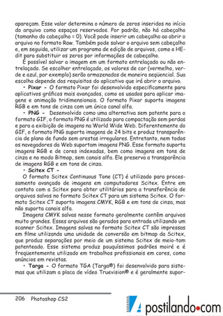 206 Photoshop CS2
apareçam. Esse valor determina o número de zeros inseridos no início
do arquivo como espaços reservados. Por padrão, não há cabeçalho
(tamanho do cabeçalho = 0). Você pode inserir um cabeçalho ao abrir o
arquivo no formato Raw. Também pode salvar o arquivo sem cabeçalho
e, em seguida, utilizar um programa de edição de arquivos, como o HE-
dit para substituir os zeros por informações de cabeçalho.
É possível salvar a imagem em um formato entrelaçado ou não en-
trelaçado. Se escolher entrelaçado, os valores de cor (vermelho, ver-
de e azul, por exemplo) serão armazenados de maneira seqüencial. Sua
escolha depende dos requisitos do aplicativo que irá abrir o arquivo.
• Pixar - O formato Pixar foi desenvolvido especificamente para
aplicativos gráficos mais avançados, como os usados para aplicar ima-
gens e animação tridimensionais. O formato Pixar suporta imagens
RGB e em tons de cinza com um único canal alfa.
• PNG - Desenvolvido como uma alternativa sem patente para o
formato GIF, o formato PNG é utilizado para compactação sem perdas
e para a exibição de imagens na World Wide Web. Diferentemente do
GIF, o formato PNG suporta imagens de 24 bits e produz transparên-
cia de plano de fundo sem arestas irregulares. Entretanto, nem todos
os navegadores da Web suportam imagens PNG. Esse formato suporta
imagens RGB e de cores indexadas, bem como imagens em tons de
cinza e no modo Bitmap, sem canais alfa. Ele preserva a transparência
de imagens RGB e em tons de cinza.
• Scitex CT -
O formato Scitex Continuous Tone (CT) é utilizado para proces-
samento avançado de imagens em computadores Scitex. Entre em
contato com a Scitex para obter utilitários para a transferência de
arquivos salvos no formato Scitex CT para um sistema Scitex. O for-
mato Scitex CT suporta imagens CMYK, RGB e em tons de cinza, mas
não suporta canais alfa.
Imagens CMYK salvas nesse formato geralmente contêm arquivos
muito grandes. Esses arquivos são gerados para entrada utilizando um
scanner Scitex. Imagens salvas no formato Scitex CT são impressas
em filme utilizando uma unidade de conversão em bitmap da Scitex,
que produz separações por meio de um sistema Scitex de meio-tom
patenteado. Esse sistema produz pouquíssimos padrões moiré e é
freqüentemente utilizado em trabalhos profissionais em cores, como
anúncios em revistas.
• Targa - O formato TGA (Targa®) foi desenvolvido para siste-
mas que utilizam a placa de vídeo Truevision® e é geralmente supor-
 