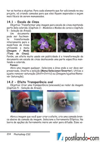 214 Photoshop CS2
tar os textos e objetos. Para cada elemento que for adicionado no seu
projeto, vá criando camadas para que eles fiquem separados e sejam
mais fáceis de serem manuseados.
14.1 - Escala de Cinza
Objetivo: Transformar uma imagem para escala de cinza mantendo
parte dela colorida. (Capítulo 3 - Modelos e Modos de cores e Capítulo
5 - Seleção de Áreas).
Um documento
pode ser facilmen-
te transformado
inteiramente para o
modoTons de Cinza
utilizando o menu
(Imagem / Modo
/Tons de Cinza).
Porém, um efeito muito usado em publicidade é a transformação do
documento em escala de cinza destacando uma parte específica man-
tendo-a colorida.
Passos:
Abra uma imagem qualquer. Selecione a área onde a cor deve ser
preservada, Inverta a seleção (Menu/Selecionar/Inverter). Utilize o
ajuste remover saturação (Shift+Ctrl+U) ou (Imagem/ajustes/Remo-
ver Saturação).
14.2 - Efeito Transparência oval
Objetivo: Criar uma transparência (enevoado) ao redor da imagem
(Capítulo 5 - Seleção de Áreas).
Abra a imagem que você quer criar o efeito, crie uma camada bran-
ca abaixo da camada da imagem. Selecione a ferramenta Elílptica. Na
barra de opções da ferramenta insira um valor para difusão. Esse va-
 