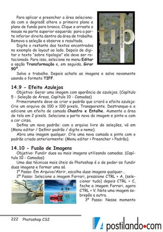 222 Photoshop CS2
Para aplicar e preencher a área seleciona-
da com o degradê altere o primeiro plano e
plano de fundo para branco. Clique e arraste o
mouse na parte superior esquerda para a par-
te inferior direita dentro da área de trabalho.
Remova a seleção e observe o resultado.
Digite o restante dos textos encontrados
no exemplo do layout ao lado. Depois de digi-
tar o texto “sobre tipologia” ele deve ser ro-
tacionado. Para isso, selecione no menu Editar
a opção Transformação e, em seguida, Girar
90º.
Salve o trabalho. Depois achate as imagens e salve novamente
usando o formato TIFF.
14.9 - Efeito Azulejos
Objetivo: Gerar uma imagem com aparência de azulejos. (Capítulo
5 - Seleção de Áreas, Capítulo 10 - Camadas)
Primeiramente deve-se criar o padrão que criará o efeito azulejo:
Crie um arquivo de 100 x 100 pixels, Transparente. Destranque-o e
adicione um efeito de camada Chanfro e Entalhe. Aumente a área
de tela em 2 pixels. Selecione a parte nova da imagem e pinte-a com
a cor cinza.
Defina um novo padrão: com o arquivo livre de seleções, vá em
(Menu editar / Definir padrão / digite o nome).
Abra uma imagem qualquer. Crie uma nova camada e pinte com o
padrão criado anteriormente: (Menu editar  Preencher  Padrão).
14.10 - Fusão de Imagens
Objetivo: Fundir duas ou mais imagens utilizando camadas. (Capí-
tulo 10 - Camadas)
Uma das técnicas mais úteis do Photoshop é o de poder-se fundir
duas imagens e formar uma só.
1º Passo: Em Arquivo/Abrir, escolha duas imagens qualquer...
2º Passo: Selecione a imagem Farrari, pressione CTRL + A, (sele-
cionar tudo) depois CTRL + C,
feche a imagem Farrari, agora
CTRL + V. Note uma imagem so-
brepôs a outra.
3º Passo: Nesse momento
 