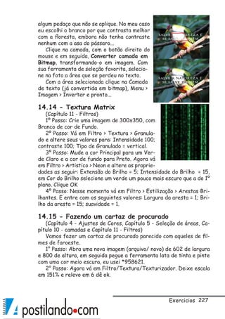 227
algum pedaço que não se aplique. No meu caso
eu escolhi o branco por que contrasta melhor
com a floresta, embora não tenha contraste
nenhum com a asa do pássaro...
Clique na camada, com o botão direito do
mouse e em seguida, Converter camada em
Bitmap, transformando-o em imagem. Com
sua ferramenta de seleção favorita, selecio-
ne na foto a área que se perdeu no texto.
Com a área selecionada clique na Camada
de texto (já convertida em bitmap), Menu 
Imagem  Inverter e pronto...
14.14 - Textura Matrix
(Capítulo 11 - Filtros)
1º Passo: Crie uma imagem de 300x350, com
Branco de cor de Fundo.
2º Passo: Vá em Filtro  Textura  Granula-
do e altere seus valores para: Intensidade 100;
contraste 100; Tipo de Granulado = vertical.
3º Passo: Mude a cor Principal para um Ver-
de Claro e a cor de fundo para Preto. Agora vá
em Filtro  Artistico  Neon e altere as proprie-
dades as seguir: Extensão do Brilho = 5; Intensidade do Brilho = 15,
em Cor do Brilho selecione um verde um pouco mais escuro que a do 1º
plano. Clique OK
4º Passo: Nesse momento vá em Filtro  Estilização  Arestas Bri-
lhantes. E entre com os seguintes valores: Largura da aresta = 1; Bri-
lho da aresta = 15; suavidade = 1.
14.15 - Fazendo um cartaz de procurado
(Capítulo 4 - Ajustes de Cores, Capítulo 5 - Seleção de áreas, Ca-
pítulo 10 - camadas e Capítulo 11 - Filtros)
Vamos fazer um cartaz de procurado parecido com aqueles de fil-
mes de faroeste.
1° Passo: Abra uma nova imagem (arquivo/ novo) de 602 de largura
e 800 de altura, em seguida pegue a ferramenta lata de tinta e pinte
com uma cor meio escura, eu usei *958621.
2° Passo: Agora vá em Filtro/Textura/Texturizador. Deixe escala
em 151% e relevo em 6 dê ok.
Exercicios
 