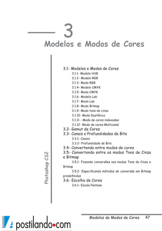 47
3
Modelos e Modos de CoresPhotoshopCS2
3.1- Modelos e Modos de Cores
3.1.1- Modelo HSB
3.1.2- Modelo RGB
3.1.3- Modo RGB
3.1.4- Modelo CMYK
3.1.5- Modo CMYK
3.1.6- Modelo Lab
3.1.7- Modo Lab
3.1.8- Modo Bitmap
3.1.9- Modo tons de cinza
3.1.10- Modo Duotônico
3.1.11 - Modo de cores indexadas
3.1.12- Modo de cores Multicanal
3.2- Gamut de Cores
3.3- Canais e Profundidades de Bits
3.3.1- Canais
3.3.2- Profundidade de Bits
3.4- Convertendo entre modos de cores
3.5- Convertendo entre os modos Tons de Cinza
e Bitmap
3.5.1- Fazendo conversões nos modos Tons de Cinza e
Bitmap
3.5.2- Especificando métodos de conversão em Bitmap
predefinidos
3.6- Escolha de Cores
3.6.1- Escala Pantone
Modelos de Modos de Cores
 
