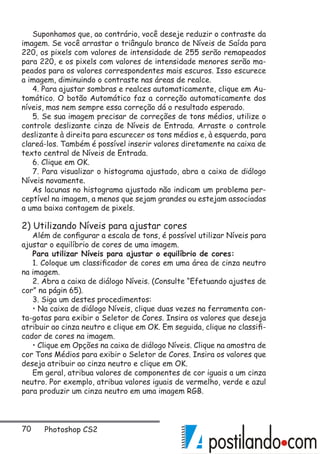 70 Photoshop CS2
Suponhamos que, ao contrário, você deseje reduzir o contraste da
imagem. Se você arrastar o triângulo branco de Níveis de Saída para
220, os pixels com valores de intensidade de 255 serão remapeados
para 220, e os pixels com valores de intensidade menores serão ma-
peados para os valores correspondentes mais escuros. Isso escurece
a imagem, diminuindo o contraste nas áreas de realce.
4. Para ajustar sombras e realces automaticamente, clique em Au-
tomático. O botão Automático faz a correção automaticamente dos
níveis, mas nem sempre essa correção dá o resultado esperado.
5. Se sua imagem precisar de correções de tons médios, utilize o
controle deslizante cinza de Níveis de Entrada. Arraste o controle
deslizante à direita para escurecer os tons médios e, à esquerda, para
clareá-los. Também é possível inserir valores diretamente na caixa de
texto central de Níveis de Entrada.
6. Clique em OK.
7. Para visualizar o histograma ajustado, abra a caixa de diálogo
Níveis novamente.
As lacunas no histograma ajustado não indicam um problema per-
ceptível na imagem, a menos que sejam grandes ou estejam associadas
a uma baixa contagem de pixels.
2) Utilizando Níveis para ajustar cores
Além de configurar a escala de tons, é possível utilizar Níveis para
ajustar o equilíbrio de cores de uma imagem.
Para utilizar Níveis para ajustar o equilíbrio de cores:
1. Coloque um classificador de cores em uma área de cinza neutro
na imagem.
2. Abra a caixa de diálogo Níveis. (Consulte “Efetuando ajustes de
cor” na págin 65).
3. Siga um destes procedimentos:
• Na caixa de diálogo Níveis, clique duas vezes na ferramenta con-
ta-gotas para exibir o Seletor de Cores. Insira os valores que deseja
atribuir ao cinza neutro e clique em OK. Em seguida, clique no classifi-
cador de cores na imagem.
• Clique em Opções na caixa de diálogo Níveis. Clique na amostra de
cor Tons Médios para exibir o Seletor de Cores. Insira os valores que
deseja atribuir ao cinza neutro e clique em OK.
Em geral, atribua valores de componentes de cor iguais a um cinza
neutro. Por exemplo, atribua valores iguais de vermelho, verde e azul
para produzir um cinza neutro em uma imagem RGB.
 