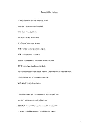 5
Table of Abbreviations
ACPO- Associationof Chiefof Police Officers
BHRC- Bar Human RightsCommittee
BME- BlackMinorityEthnic
CSO- Civil SocietyOrganisation
CPS- CrownProsecutionService
FGCS- Female Genital CosmeticSurgery
FGM- Female Genital Mutilation
FGMPO- Female Genital MutilationProtectionOrder
FMPO- Forced Marriage ProtectionOrder
Professionals/Practitioners- referstoFront-Line ProfessionalsorPractitioners
Victim/s- referstoa victimorvictimsof FGM
WHO- WorldHealthOrganisation
“the Act/the 2003 Act”- Female Genital MutilationAct2003
“the Bill”- SeriousCrimesBill[HL] 2014-15
“2004 Act”-DomesticViolence,Crime andVictimsAct2004
“2007 Act”- ForcedMarriages(Civil Protection) Act2007
 