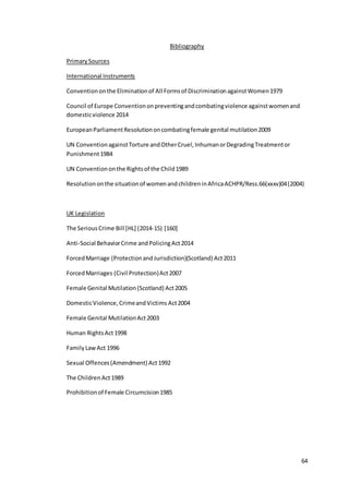 64
Bibliography
PrimarySources
International Instruments
Conventiononthe Eliminationof All Formsof DiscriminationagainstWomen1979
Council of Europe Conventiononpreventingandcombatingviolence againstwomenand
domesticviolence 2014
EuropeanParliamentResolutiononcombatingfemale genital mutilation2009
UN ConventionagainstTorture andOtherCruel,InhumanorDegradingTreatmentor
Punishment1984
UN Conventiononthe Rightsof the Child1989
Resolutiononthe situationof womenandchildreninAfricaACHPR/Ress.66(xxxv)04(2004)
UK Legislation
The SeriousCrime Bill [HL] (2014-15) [160]
Anti-Social BehaviorCrime andPolicingAct2014
ForcedMarriage (ProtectionandJurisdiction)(Scotland) Act2011
ForcedMarriages (Civil Protection)Act2007
Female Genital Mutilation(Scotland) Act2005
DomesticViolence,CrimeandVictims Act2004
Female Genital MutilationAct2003
Human RightsAct1998
FamilyLawAct 1996
Sexual Offences(Amendment) Act1992
The ChildrenAct1989
Prohibitionof Female Circumcision1985
 