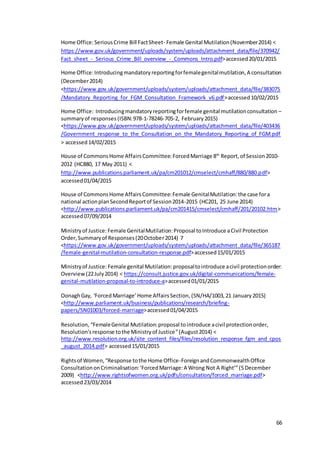 66
Home Office:SeriousCrime Bill FactSheet- Female Genital Mutilation(November2014) <
https://www.gov.uk/government/uploads/system/uploads/attachment_data/file/370942/
Fact_sheet_-_Serious_Crime_Bill_overview_-_Commons_Intro.pdf>accessed20/01/2015
Home Office:Introducingmandatoryreportingforfemalegenitalmutilation,A consultation
(December2014)
<https://www.gov.uk/government/uploads/system/uploads/attachment_data/file/383075
/Mandatory_Reporting_for_FGM_Consultation_Framework_v6.pdf>accessed10/02/2015
Home Office: Introducingmandatoryreportingforfemale genital mutilationconsultation –
summaryof responses (ISBN:978-1-78246-705-2, February2015)
<https://www.gov.uk/government/uploads/system/uploads/attachment_data/file/403436
/Government_response_to_the_Consultation_on_the_Mandatory_Reporting_of_FGM.pdf
> accessed14/02/2015
House of CommonsHome AffairsCommittee:ForcedMarriage 8th
Report,of Session2010-
2012 (HC880, 17 May 2011) <
http://www.publications.parliament.uk/pa/cm201012/cmselect/cmhaff/880/880.pdf>
accessed01/04/2015
House of CommonsHome AffairsCommittee:Female GenitalMutilation:the case fora
national actionplanSecondReportof Session2014-2015 (HC201, 25 June 2014)
<http://www.publications.parliament.uk/pa/cm201415/cmselect/cmhaff/201/20102.htm>
accessed07/09/2014
Ministryof Justice:Female GenitalMutilation:Proposal toIntroduce aCivil Protection
Order,Summaryof Responses(20October2014) 7
<https://www.gov.uk/government/uploads/system/uploads/attachment_data/file/365187
/female-genital-mutilation-consultation-response.pdf>accessed15/01/2015
Ministryof Justice: Female genital Mutilation:proposaltointroduce acivil protectionorder:
Overview(22July2014) < https://consult.justice.gov.uk/digital-communications/female-
genital-mutilation-proposal-to-introduce-a>accessed01/01/2015
OonaghGay, ‘ForcedMarriage’Home AffairsSection, (SN/HA/1003,21 January2015)
<http://www.parliament.uk/business/publications/research/briefing-
papers/SN01003/forced-marriage>accessed01/04/2015
Resolution, “FemaleGenital Mutilation:proposal tointroduce acivil protectionorder,
Resolution’sresponse tothe Ministryof Justice”(August2014) <
http://www.resolution.org.uk/site_content_files/files/resolution_response_fgm_and_cpos
_august_2014.pdf> accessed15/01/2015
Rightsof Women,“Response tothe Home Office-ForeignandCommonwealthOffice
ConsultationonCriminalisation:‘ForcedMarriage:A Wrong Not A Right’”(5 December
2009) <http://www.rightsofwomen.org.uk/pdfs/consultation/forced_marriage.pdf>
accessed23/03/2014
 
