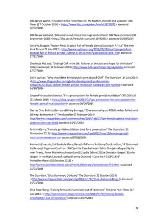 72
BBC NewsWorld,“EfuaDorkenooremembered:MyMother,mentorand wisdom” BBC
News(27 October2014) < http://www.bbc.co.uk/news/world-29727872> accessed
02/02/2014
BBC NewsScotland,‘Bill aimstoendforcedmarriagesinScotland’ BBCNewsScotland (30
September2010) <http://bbc.co.uk/news/uk-scotland-11442851> accessed01/03/2014
CeliaW.Dugger,“ReportFindsGradual Fall inFemale Genital cuttinginAfrica” TheNew
York Times (22 July2013) <http://www.nytimes.com/2013/07/23/health/report-find-
gradual-fall-in-female-genital-cutting-in-africa.html?pagewanted=all&_r=0>accessed
27/12/2014
Charlotte McLeod,“EndingFGM inthe UK: Failuresof the pastand hope forthe future”
Policy Exchange(14 February2014) http://www.policyexchange.org.uk/medial accessed
17/07/2014
ColinWalker,“Whyshouldthe Britishpubliccare aboutFGM?” The Guardian (14 July2014)
<http://www.theguardian.com/global-development-professionals-
network/2014/jul/14/fgm-female-genital-mutilation-campaign-girls-summit>accessed
14/10/2014
CrownProsecutionService,“Firstprosecutionsforfemale genital mutilation”CPS.GOV.UK
(21 March 2014) < http://blog.cps.gov.uk/2014/03/cps-announces-first-prosecutions-for-
female-genital-mutilation.html>accessed09/09/2014
DexterDias,FelicityGerryandHilaryBurrage,“10 reasonswhyourFGM law has failed-and
10 waysto improve it”The Guardian (7 February2014)
http://www.theguardian.com/commentisfree/2014/feb/07/fgm-female-genital-mutilation-
prosecutions-law-failedaccessed14/11/2014
FelicityGerry,“Female genitalmutilation:time foraprosecution” TheGuardian (13
November2012) <http://www.theguardian.com/law/2012/nov/13/female-genital-
mutilation-prosection-uk>accessed07/08/2014
KennedyEmetulu,Eni Bankole-Race,Renachi Mfiema,AnthonyOmokhodion,“A Statement
by RespectNigeriansCoalition(RNC)onthe Case betweenEdirinOnojeta-Idogun(Byhis
nextfriend,Anne-Marie Hutchinson)and(1) LydiaErhire (2) Ese Onojeta-Idogun(3) John
Idoguninthe High Courtof Justice (FamilyDivision) –Case No:FD10P01834”
PointBlankNews (02October2011) <
http://www.pointblanknews.com/Press%20Releases/pressrelease774.html>accessed
01/03/2015
The Guardian,“Efua DorkenooObituary” TheGuardian (22 October2014)
<http://www.theguardian.com/society/2014/oct/22/efua-dorkenoo#img-1>accessed
24/03/2015
Tina Rosenberg,“TalkingFemaleCircumcisionoutof Existence” TheNew York Times (17
July2013) < http://opinionator.blogs.nytimes.com/2013/07/17/talking-female-
circumcision-out-of-existence/>accesses13/07/2014
 