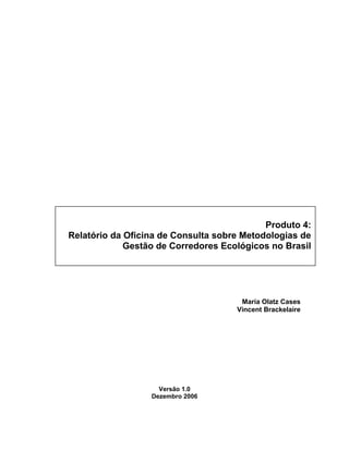 María Olatz Cases
Vincent Brackelaire
Versão 1.0
Dezembro 2006
Produto 4:
Relatório da Oficina de Consulta sobre Metodologias de
Gestão de Corredores Ecológicos no Brasil
 