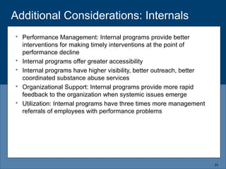 Additional Considerations: Internals
 Performance Management: Internal programs provide better
interventions for making timely interventions at the point of
performance decline
 Internal programs offer greater accessibility
 Internal programs have higher visibility, better outreach, better
coordinated substance abuse services
 Organizational Support: Internal programs provide more rapid
feedback to the organization when systemic issues emerge
 Utilization: Internal programs have three times more management
referrals of employees with performance problems
11
 