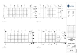 LEVEL 1
150
T.O 2ND FL BEAM
4350
T.O PILE
-650
LEVEL 2
4514
T.O ROOF BEAM
8950
U.S STEEL DECK
9014
T.O PARAPET
10000
ABCDE
2
A4.01
8
A6.01
6
A6.01
3
A5.01
2
A5.01
-
---
1
A5.01
LEVEL 1
150
T.O 2ND FL BEAM
4350
T.O PILE
-650
LEVEL 2
4514
T.O ROOF BEAM
8950
U.S STEEL DECK
9014
T.O PARAPET
10000
1234
1
A4.01
9
A6.01
7
A6.01
-
---
-
---
-
---
LEVEL 1
150
T.O 2ND FL BEAM
4350
T.O PILE
-650
LEVEL 2
4514
T.O ROOF BEAM
8950
U.S STEEL DECK
9014
T.O PARAPET
10000
A B C D E
2
A4.01
8
A6.01
6
A6.01
3
A5.01
2
A5.01
-
---
1
A5.01
LEVEL 1
150
T.O 2ND FL BEAM
4350
T.O PILE
-650
LEVEL 2
4514
T.O ROOF BEAM
8950
U.S STEEL DECK
9014
T.O PARAPET
10000
1 2 3 4
1
A4.01
9
A6.01
7
A6.01
-
---
-
---
-
---
Scale
Checked by
Drawn by
Date
Project number
Consultant
Address
Address
Phone
Fax
e-mail
Consultant
Address
Address
Phone
Fax
e-mail
Consultant
Address
Address
Phone
Fax
e-mail
Consultant
Address
Address
Phone
Fax
e-mail
1 : 100
31/10/201412:42:58PM
ELEVATIONS
374-3
374-3
CADD
APPLICATIONS
11/03/2014
BATMUNKH.E
LINDSAY.S
A3.01
No. Description Date
1 : 100
East
1 1 : 100
North
2
1 : 100
West
3 1 : 100
South
4
 