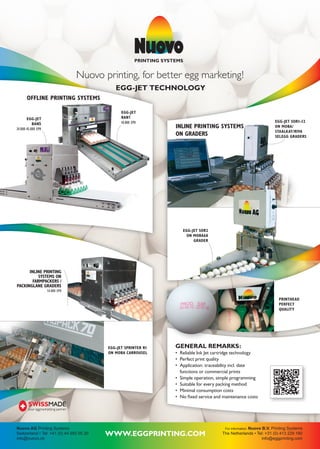 Nuovo printing, for better egg marketing!
EGG-JET TECHNOLOGY
Nuovo printing, for better egg marketing!
EGG-JET TECHNOLOGY
EGG-JET SPRINTER R1
ON MOBA CARROUSEL
PRINTHEAD
PERFECT
QUALITY
GENERAL REMARKS:
• Reliable Ink Jet cartridge technology
• Perfect print quality
• Application: traceability incl. date
functions or commercial prints
• Simple operation, simple programming
• Suitable for every packing method
• Minimal consumption costs
• No ﬁxed service and maintenance costs
Nuovo printing, for better egg marketing!
EGG-JET TECHNOLOGY
INLINE PRINTING SYSTEMS
ON GRADERS
EGG-JET SOR1-12
ON MOBA/
STAALKAT/RIVA
SELEGG GRADERS
EGG-JET SOR2
ON MOBA68
GRADER
OFFLINE PRINTING SYSTEMS
EGG-JET
BAN1
10.000 EPH
EGG-JET
BAN5
24.000-45.000 EPH
INLINE PRINTING
SYSTEMS ON
FARMPACKERS /
PACKINGLANE GRADERS
54.000 EPH
Nuovo AG Printing Systems
Switzerland • Tel: +41 (0) 44 950 05 20
info@nuovo.ch
For information: Nuovo B.V. Printing Systems
The Netherlands • Tel: +31 (0) 413 229 180
info@eggprinting.com
WWW.EGGPRINTING.COM
 