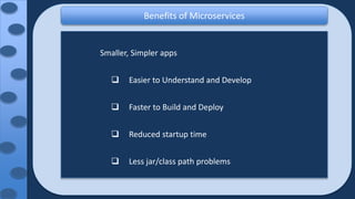 Benefits of Microservices
Smaller, Simpler apps
 Easier to Understand and Develop
 Faster to Build and Deploy
 Reduced startup time
 Less jar/class path problems
 