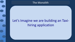 The Monolith
Let’s Imagine we are building an Taxi-
hiring application
 
