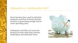 Adequate vs. Inadequate Cash?
Every business has a goal to maintain
adequate cash flow. It means that the
business is generating enough cash to
cover operating costs.
Inadequate cash flow can cause the
business to take risky loans, declare
bankruptcy, and ultimately close.
 