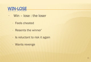 11
• Win – lose : the loser
- Feels cheated
- Resents the winner’
- Is reluctant to risk it again
- Wants revenge
 