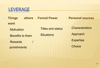 15
• Things others
want
-Motivation
-Benefits to them
-Rewards /
punishments
• Formal Power
-Titles and status
-Situations
• Personal sources
-Characteristics
-Approach
-Expertise
-Choice
 