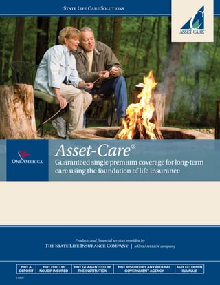 Asset-Care®
Guaranteed single premium coverage for long-term
care using the foundation of life insurance
Products and financial services provided by
The State Life Insurance Company  | a OneAmerica® company
State Life Care Solutions
I-20937
NOT A
DEPOSIT
NOT FDIC OR
NCUSIF INSURED
NOT GUARANTEED BY
THE INSTITUTION
NOT INSURED BY ANY FEDERAL
GOVERNMENT AGENCY
MAY GO DOWN
INVALUE
 
