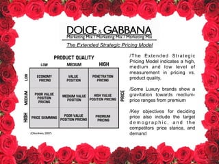 Marketing Mix / Marketing Mix / Marketing Mix
(Okonkwo, 2007)
The Extended Strategic Pricing Model
/The Extended Strategic
Pricing Model indicates a high,
medium and low level of
measurement in pricing vs.
product quality.
!
/Some Luxury brands show a
gravitation towards medium-
price ranges from premium
!
/Key objectives for deciding
price also include the target
d e m o g r a p h i c , a n d t h e
competitors price stance, and
demand
 