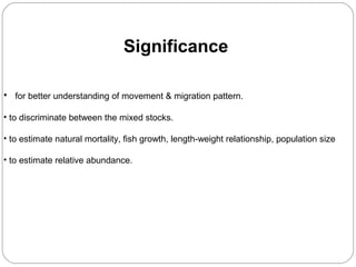 Significance
• for better understanding of movement & migration pattern.
• to discriminate between the mixed stocks.
• to estimate natural mortality, fish growth, length-weight relationship, population size
• to estimate relative abundance.
 