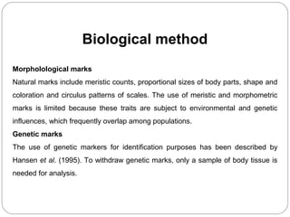 Biological method
Morpholological marks
Natural marks include meristic counts, proportional sizes of body parts, shape and
coloration and circulus patterns of scales. The use of meristic and morphometric
marks is limited because these traits are subject to environmental and genetic
influences, which frequently overlap among populations.
Genetic marks
The use of genetic markers for identification purposes has been described by
Hansen et al. (1995). To withdraw genetic marks, only a sample of body tissue is
needed for analysis.
 