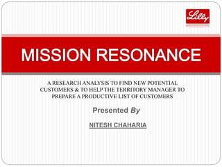 A RESEARCH ANALYSIS TO FIND NEW POTENTIAL
CUSTOMERS & TO HELP THE TERRITORY MANAGER TO
PREPARE A PRODUCTIVE LIST OF CUSTOMERS
NITESH CHAHARIA
Presented By
 
