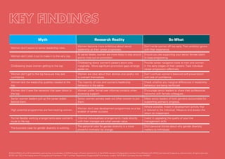 Myth Research Reality So What
Women don’t aspire to senior leadership roles.
Women become more ambitious about senior
leadership as their career progresses.
Don’t write women off too early.Their ambition grows
with their experience.
Women don’t stick it out to make it to the very top.
At senior levels, women are more likely to stay around
and to miss out on promotion.
Ensure you are supporting your senior female talent
to keep progressing.
Childrearing stops women getting to the top.
Childrearing slows women’s careers down only
marginally. More significant promotion gaps emerge
earlier on.
Provide career navigation tools to men and women
in the early stages of their careers.Track individual
career progression effectively.
Women don’t get to the top because they lack
confidence.
Women are clear about their abilities and careful not
to oversell themselves.
Don’t confuse women’s balanced self-presentation
with lack of confidence.
Women lack the leadership qualities needed at the
top.
The majority of men and women’s leadership
behaviour is the same.
Check whether any marginal differences in leadership
behaviour are being reinforced.
Women don’t have the networks that open doors to
the top.
Women prefer formal over informal contacts when
accessing support.
Encourage senior leaders to share their professional
networks with female colleagues.
Senior women leaders pull up the career ladder
behind them.
Senior women actively seek out other women to join
them.
Make senior leaders of both genders accountable for
supporting women’s progress.
High potential programmes are fast-tracking women.
Women don’t see development programmes as a top
enabler of career success.
Where possible, invest in development activity that
is tailored to the individual. Measure and assess the
return on investment.
Formal flexible working arrangements ease women’s
route to the top.
Informal individualised arrangements made directly
with their manager are what women value.
Invest in upgrading the quality of your line
management skills.
The business case for gender diversity is working.
The personal case for gender diversity is a more
powerful motivator for change.
Elicit personal stories about why gender diversity
matters to individuals.
© 2014 KPMG LLP, a UK limited liability partnership, is a subsidiary of KPMG Europe LLP and a member firm of the KPMG network of independent member firms affiliated with KPMG International Cooperative, a Swiss entity. All rights reserved.
© YSC Ltd. YSC is the trading name of Young Samuel Chambers (“YSC”) Limited. Registered in England at 50 Floral Street, London, WC2E 9DA. Company Number 2402857.
 
