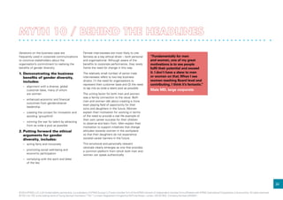 24
Variations on the business case are
frequently used in corporate communications
to convince stakeholders about the
organisation’s commitment to realising the
benefits of gender diversity.
1.	Demonstrating the business
benefits of gender diversity,
includes:
–	 alignment with a diverse, global
customer base, many of whom
are women
–	 enhanced economic and financial
outcomes from gender-diverse
leadership
–	 creating the context for innovation and
avoiding ‘groupthink’
–	 winning the war for talent by attracting
from as wide a pool as possible
2.	Putting forward the ethical
arguments for gender
diversity, includes:
–	 acting fairly and inclusively
–	 promoting social well-being and
economic participation
–	 complying with the spirit and letter
of the law
Female interviewees are most likely to cite
fairness as a key ethical driver – both personal
and organisational. Although aware of the
benefits to corporate performance, they rarely
frame the need for change in this way.
The relatively small number of senior male
interviewees refers to two key business
drivers: (1) the need for organisations to
represent their customer base and (2) the need
to tap into as wide a talent pool as possible.
The uniting factor for both men and women
was a family connection to the issue. Both
men and women talk about creating a more
even playing field of opportunity for their
sons and daughters in the future. Women
explain their motivation for working in terms
of the need to provide a real life example of
their own career success for their children
to observe and learn from. Men explain their
motivation to support initiatives that change
attitudes towards women in the workplace
so that their daughters do not experience
societal career barriers in the future.
This emotional and personally relevant
rationale clearly emerges as one that provides
a common platform from which both men and
women can speak authentically.
“Fundamentally for men
and women, one of my great
motivations is to see people
fulfil their potential and exceed
it. I don’t have a skew to men
or women on that.When I see
women reaching Board level and
contributing, I think it’s fantastic.”
Male MD, large corporate
© 2014 KPMG LLP, a UK limited liability partnership, is a subsidiary of KPMG Europe LLP and a member firm of the KPMG network of independent member firms affiliated with KPMG International Cooperative, a Swiss entity. All rights reserved.
© YSC Ltd. YSC is the trading name of Young Samuel Chambers (“YSC”) Limited. Registered in England at 50 Floral Street, London, WC2E 9DA. Company Number 2402857.
 