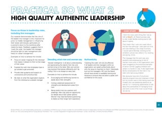 30
HIGH QUALITY AUTHENTIC LEADERSHIP
Focus on those in leadership roles,
including line managers
Our research demonstrates that the role of
the leader/ line manager is very important for
junior to middle management in influencing
their career and choices, particularly on
a women’s return to the workforce after
maternity leave. Feedback suggests that to
‘crack the code’, the leader/ line manager
should be light on task management and
heavy on career management.
Examples on how to achieve this include:
•	 Focus on career mapping for the individual
that makes it relevant to them at that stage
of their career
•	 Explode the myth that employees have to
go outside to get promoted
•	 Provide clear guidance and support on
unconscious and conscious bias
•	 Be clear on what the organisation expects
from the individual as a people manager
Decoding what men and women say
‘Gender intelligence’ is all about understanding
and appreciating the talents that men and
women bring to the table. Men and women
may express themselves differently and ‘de-
coding’ this is not always an easy task.
Examples on how to achieve this include:
•	 Encouraging and reinforcing women to
speak about their strengths
•	 Inviting a balanced assessment of
strengths and development areas from
men
•	 Being careful how you question and
challenge. Men may value an opportunity
for debate about their career options.
Women may need facilitative questioning
to tease out their longer term aspirations
Authenticity
‘Cracking the code’ will only be effective
if all leaders and line managers within an
organisation can speak authentically about
why the issue is important to them. Individuals
such as line managers, HR, and the Board
should have access to available training and
literature to ensure they are able to speak with
confidence on this issue.
I think the most useful thing that I did as
GM of Shell’s UK Retail business was
to role model flexible working and to talk
about it openly.
That meant that I was very open about
the fact that although I was paid full time
and was leading a very large business,
I would spend Monday working at the
children’s school (we called it my ‘sticking
and gluing’ time).
The message that this sent was very
powerful and empowering to lots of
women more junior in the organisation who
were struggling to find practical examples
of senior women juggling childcare and
career in a hands on way. It also legitimised
family conversations for the men in my
team who had young children.
We obviously have lots of structured
diversity programmes and initiatives in Shell
but my current view is that having vocal role
models who use leadership platforms as
well as 1-2-1 mentoring relationships to talk
about the practicalities of managing home
and work is one of the most crucial things
we can do.
CASE STUDY
© 2014 KPMG LLP, a UK limited liability partnership, is a subsidiary of KPMG Europe LLP and a member firm of the KPMG network of independent member firms affiliated with KPMG International Cooperative, a Swiss entity. All rights reserved.
© YSC Ltd. YSC is the trading name of Young Samuel Chambers (“YSC”) Limited. Registered in England at 50 Floral Street, London, WC2E 9DA. Company Number 2402857.
 