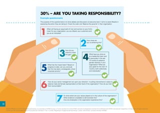 Example questionnaire
The purpose of this questionnaire is to drive debate and discussion at executive level. It aims to assist Boards in
assessing the action they are taking to ‘Crack the code’ and ‘Balance the pyramid’ in their organisation.
30% – ARE YOU TAKING RESPONSIBILITY?
1
What will having an equal split of men and women on your ExCo
mean for your organisation, you as a Board, your customers and
you as an individual?
2
How close are
you to achieving this?
3
How do you
intend to close
the gap?
4
What have you done a)
as a leadership team and
b) personally in the last
12 months to advance
gender diversity in your
organisation? What are
your goals for the next 12
months, both collectively
and individually?5
What has the impact been? Based on
progress to date, can you conclude
that this has been a strategically critical
corporate priority?
6
How do your senior management act upon your direction in putting interventions in place to
balance male and female representation at their level of the organisation? How do you hold
them accountable?
7
To what extent are your values played out in the culture of the organisation?
What evidence is available to demonstrate this?
How do employees in the organisation experience this?
33
© 2014 KPMG LLP, a UK limited liability partnership, is a subsidiary of KPMG Europe LLP and a member firm of the KPMG network of independent member firms affiliated with KPMG International Cooperative, a Swiss entity. All rights reserved.
© YSC Ltd. YSC is the trading name of Young Samuel Chambers (“YSC”) Limited. Registered in England at 50 Floral Street, London, WC2E 9DA. Company Number 2402857.
 