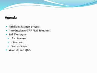 Agenda
 Pitfalls in Business process
 Introduction to SAP Fiori Solutions
 SAP Fiori Apps
 Architecture
 Overview
 Service Scope
 Wrap Up and Q&A
 