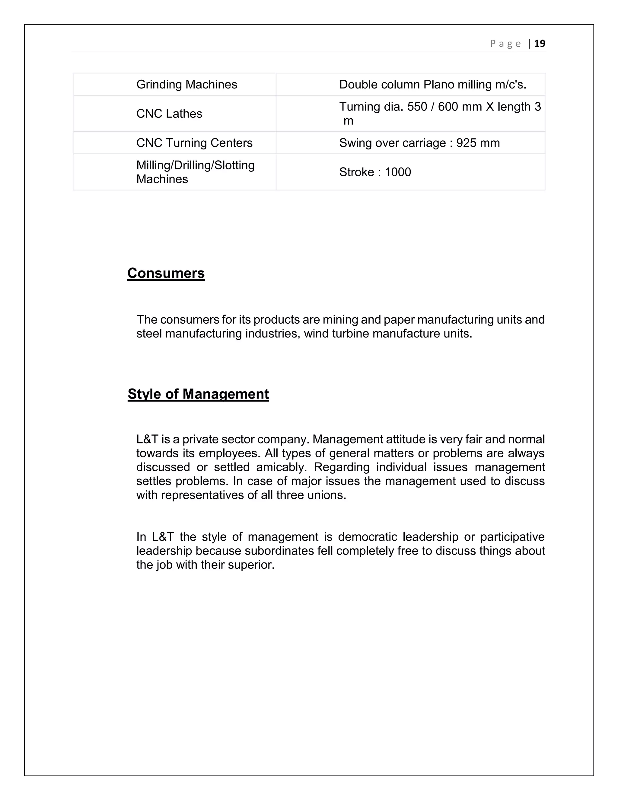 P a g e | 19
Grinding Machines Double column Plano milling m/c's.
CNC Lathes
Turning dia. 550 / 600 mm X length 3
m
CNC Turning Centers Swing over carriage : 925 mm
Milling/Drilling/Slotting
Machines
Stroke : 1000
Consumers
The consumers for its products are mining and paper manufacturing units and
steel manufacturing industries, wind turbine manufacture units.
Style of Management
L&T is a private sector company. Management attitude is very fair and normal
towards its employees. All types of general matters or problems are always
discussed or settled amicably. Regarding individual issues management
settles problems. In case of major issues the management used to discuss
with representatives of all three unions.
In L&T the style of management is democratic leadership or participative
leadership because subordinates fell completely free to discuss things about
the job with their superior.
 