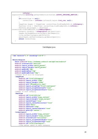 22
inflater =
(LayoutInflater)activity.getSystemService(Context.LAYOUT_INFLATER_SERVICE);
}
if(convertView == null){
convertView = inflater.inflate(R.layout.list_row, null);
}
ImageView images = (ImageView) convertView.findViewById(R.id.ivCategory);
TextView title = (TextView) convertView.findViewById(R.id.tvTitle);
TextView amountSpent = (TextView)
convertView.findViewById(R.id.tvAmountSpent);
Category category = categoryList.get(position);
images.setImageResource(category.getImages());
title.setText(category.getTitle());
amountSpent.setText(category.getAmountSpent());
return convertView;
}
}
ListAdapter.java
<?xml version="1.0" encoding="utf-8"?>
<RelativeLayout
xmlns:android="http://schemas.android.com/apk/res/android"
android:orientation="vertical"
android:layout_width="match_parent"
android:layout_height="match_parent"
android:padding="6dp"
android:paddingTop="6dp"
android:paddingBottom="6dp">
//Images which will be displayed
<ImageView
android:id="@+id/ivCategory"
android:layout_width="60dp"
android:layout_height="40dp"
android:src="@drawable/ic_rent"
android:layout_alignTop="@+id/linerLayout"
android:layout_alignParentLeft="true"
android:layout_alignParentStart="true"/>
//Names of each category
<TextView
android:id="@+id/tvTitle"
android:layout_width="wrap_content"
android:layout_height="wrap_content"
android:textAllCaps="true"
android:layout_centerHorizontal="true"
android:text="Rent"
android:textSize="15dp"
android:layout_centerInParent="true"
android:gravity="center"/>
<LinearLayout
android:layout_width="wrap_content"
android:layout_height="wrap_content"
android:orientation="horizontal"
android:layout_alignParentRight="true"
android:layout_alignParentTop="true"
android:id="@+id/linerLayout">
//The amount spent in each category
 