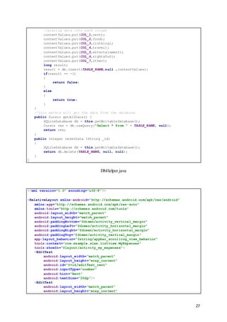 27
//placing data into each column
contentValues.put(COL_1,rent);
contentValues.put(COL_2,food);
contentValues.put(COL_3,clothing);
contentValues.put(COL_4,travel);
contentValues.put(COL_5,entertainment);
contentValues.put(COL_6,nightsOut);
contentValues.put(COL_7,other);
long result;
result = db.insert(TABLE_NAME,null ,contentValues);
if(result == -1)
{
return false;
}
else
{
return true;
}
}
//this method will get the data from the database
public Cursor getAllData() {
SQLiteDatabase db = this.getWritableDatabase();
Cursor res = db.rawQuery("Select * from " + TABLE_NAME, null);
return res;
}
public Integer resetData (String _id)
{
SQLiteDatabase db = this.getWritableDatabase();
return db.delete(TABLE_NAME, null, null);
}
}
DbHelper.java
<?xml version="1.0" encoding="utf-8"?>
<RelativeLayout xmlns:android="http://schemas.android.com/apk/res/android"
xmlns:app="http://schemas.android.com/apk/res-auto"
xmlns:tools="http://schemas.android.com/tools"
android:layout_width="match_parent"
android:layout_height="match_parent"
android:paddingBottom="@dimen/activity_vertical_margin"
android:paddingLeft="@dimen/activity_horizontal_margin"
android:paddingRight="@dimen/activity_horizontal_margin"
android:paddingTop="@dimen/activity_vertical_margin"
app:layout_behavior="@string/appbar_scrolling_view_behavior"
tools:context="com.example.alex.listview.MyExpenses"
tools:showIn="@layout/activity_my_expenses">
<EditText
android:layout_width="match_parent"
android:layout_height="wrap_content"
android:id="@+id/editText_rent"
android:inputType="number"
android:hint="Rent"
android:textSize="20dp"/>
<EditText
android:layout_width="match_parent"
android:layout_height="wrap_content"
 