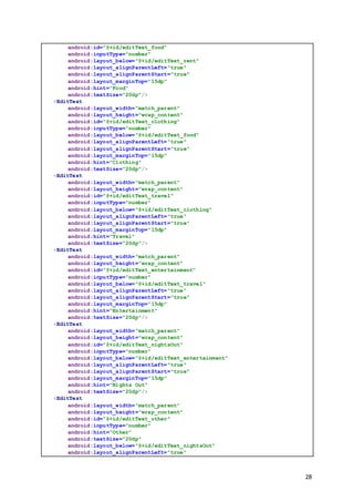 28
android:id="@+id/editText_food"
android:inputType="number"
android:layout_below="@+id/editText_rent"
android:layout_alignParentLeft="true"
android:layout_alignParentStart="true"
android:layout_marginTop="15dp"
android:hint="Food"
android:textSize="20dp"/>
<EditText
android:layout_width="match_parent"
android:layout_height="wrap_content"
android:id="@+id/editText_clothing"
android:inputType="number"
android:layout_below="@+id/editText_food"
android:layout_alignParentLeft="true"
android:layout_alignParentStart="true"
android:layout_marginTop="15dp"
android:hint="Clothing"
android:textSize="20dp"/>
<EditText
android:layout_width="match_parent"
android:layout_height="wrap_content"
android:id="@+id/editText_travel"
android:inputType="number"
android:layout_below="@+id/editText_clothing"
android:layout_alignParentLeft="true"
android:layout_alignParentStart="true"
android:layout_marginTop="15dp"
android:hint="Travel"
android:textSize="20dp"/>
<EditText
android:layout_width="match_parent"
android:layout_height="wrap_content"
android:id="@+id/editText_entertainment"
android:inputType="number"
android:layout_below="@+id/editText_travel"
android:layout_alignParentLeft="true"
android:layout_alignParentStart="true"
android:layout_marginTop="15dp"
android:hint="Entertainment"
android:textSize="20dp"/>
<EditText
android:layout_width="match_parent"
android:layout_height="wrap_content"
android:id="@+id/editText_nightsOut"
android:inputType="number"
android:layout_below="@+id/editText_entertainment"
android:layout_alignParentLeft="true"
android:layout_alignParentStart="true"
android:layout_marginTop="15dp"
android:hint="Nights Out"
android:textSize="20dp"/>
<EditText
android:layout_width="match_parent"
android:layout_height="wrap_content"
android:id="@+id/editText_other"
android:inputType="number"
android:hint="Other"
android:textSize="20dp"
android:layout_below="@+id/editText_nightsOut"
android:layout_alignParentLeft="true"
 