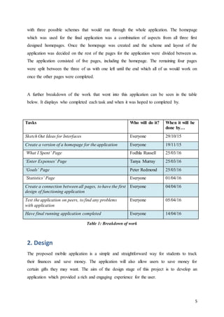 5
with three possible schemes that would run through the whole application. The homepage
which was used for the final application was a combination of aspects from all three first
designed homepages. Once the homepage was created and the scheme and layout of the
application was decided on the rest of the pages for the application were divided between us.
The application consisted of five pages, including the homepage. The remaining four pages
were split between the three of us with one left until the end which all of us would work on
once the other pages were completed.
A further breakdown of the work that went into this application can be seen in the table
below. It displays who completed each task and when it was hoped to completed by.
Tasks Who will do it? When it will be
done by…
Sketch Out Ideas for Interfaces Everyone 29/10/15
Create a version of a homepage for the application Everyone 19/11/15
‘What I Spent’ Page Fodhla Russell 25/03/16
‘Enter Expenses’ Page Tanya Murray 25/03/16
‘Goals’ Page Peter Redmond 25/03/16
‘Statistics’ Page Everyone 01/04/16
Create a connection between all pages, to have the first
design of functioning application
Everyone 04/04/16
Test the application on peers, to find any problems
with application
Everyone 05/04/16
Have final running application completed Everyone 14/04/16
Table 1: Breakdown of work
2. Design
The proposed mobile application is a simple and straightforward way for students to track
their finances and save money. The application will also allow users to save money for
certain gifts they may want. The aim of the design stage of this project is to develop an
application which provided a rich and engaging experience for the user.
 