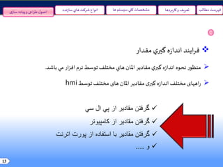 13
‫مطالب‬ ‫فهرست‬‫سيستم‬‫کلي‬ ‫مشخصات‬‫ها‬‫نده‬‫ز‬‫سا‬‫هاي‬ ‫شرکت‬ ‫انواع‬ ‫و‬ ‫تعريف‬‫بردها‬‫ر‬‫کا‬‫ی‬‫ساز‬ ‫پیاده‬‫و‬ ‫احی‬‫ر‬‫ط‬‫ل‬‫اصو‬
‫ايند‬‫ر‬‫ف‬‫ه‬‫ز‬‫اندا‬‫ي‬‫گير‬‫مقدار‬
‫ر‬‫منظو‬‫نحوه‬‫ه‬‫ز‬‫اندا‬‫ي‬‫گير‬‫مقادير‬‫املان‬‫هاي‬‫مختلف‬‫توسط‬‫نرم‬‫ار‬‫ز‬‫اف‬‫مي‬‫باشد‬.
‫اههای‬‫ر‬‫مختلف‬‫ه‬‫ز‬‫اندا‬‫ی‬‫گير‬‫مقادیر‬‫املان‬‫های‬‫مختلف‬‫توسط‬hmi
‫گرفتن‬‫مقادیر‬‫از‬‫پي‬‫ال‬‫سي‬
‫گرفتن‬‫مقادیر‬‫از‬‫کامپیوتر‬
‫گرفتن‬‫مقادیر‬‫از‬ ‫استفاده‬ ‫با‬‫پورت‬‫ات‬‫رنت‬
‫و‬....
 