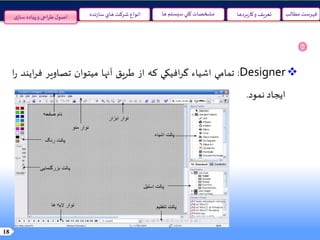 18
‫مطالب‬ ‫فهرست‬‫سيستم‬‫کلي‬ ‫مشخصات‬‫ها‬‫نده‬‫ز‬‫سا‬‫هاي‬ ‫شرکت‬ ‫انواع‬ ‫و‬ ‫تعريف‬‫بردها‬‫ر‬‫کا‬‫ی‬‫ساز‬ ‫پیاده‬‫و‬ ‫احی‬‫ر‬‫ط‬‫ل‬‫اصو‬
Designer:‫تمامي‬‫اشياء‬‫افيكي‬‫ر‬‫گ‬‫که‬‫از‬‫طريق‬‫آنها‬‫ميتوان‬‫تصاوير‬‫فر‬‫ايند‬‫ا‬‫ر‬
‫ايجاد‬‫نمود‬.
 