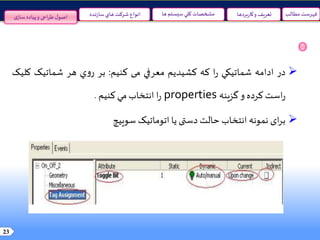 23
‫مطالب‬ ‫فهرست‬‫سيستم‬‫کلي‬ ‫مشخصات‬‫ها‬‫نده‬‫ز‬‫سا‬‫هاي‬ ‫شرکت‬ ‫انواع‬ ‫و‬ ‫تعريف‬‫بردها‬‫ر‬‫کا‬‫ی‬‫ساز‬ ‫پیاده‬‫و‬ ‫احی‬‫ر‬‫ط‬‫ل‬‫اصو‬
‫در‬‫ادامه‬‫شماتيکي‬‫ا‬‫ر‬‫که‬‫کشيديم‬‫معرفي‬‫می‬‫کنیم‬:‫بر‬‫ي‬‫و‬‫ر‬‫هر‬‫شماتيک‬‫ک‬‫ليک‬
‫است‬‫ر‬‫کرده‬‫و‬‫گزينه‬properties‫ا‬‫ر‬‫انتخاب‬‫مي‬‫کنيم‬.
‫ای‬‫ر‬‫ب‬‫نمونه‬‫انتخاب‬‫حالت‬‫دستی‬‫یا‬‫اتوماتیک‬‫سوییچ‬
 