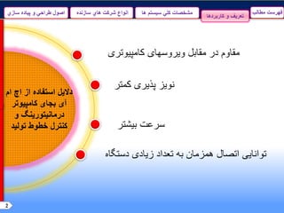 ‫نویز‬‫پذیری‬‫ک‬‫متر‬
‫بیشتر‬ ‫سرعت‬
‫دست‬ ‫زیادی‬ ‫تعداد‬ ‫به‬ ‫همزمان‬ ‫اتصال‬ ‫توانایی‬‫گاه‬
‫ام‬ ‫اچ‬ ‫از‬ ‫استفاده‬ ‫دالیل‬
‫کامپیوتر‬ ‫بجای‬ ‫آی‬
‫و‬ ‫درمانیتورینگ‬
‫تولید‬ ‫خطوط‬ ‫کنترل‬
‫کامپیوتری‬ ‫ویروسهای‬ ‫مقابل‬ ‫در‬ ‫مقاوم‬
condition
‫مطالب‬ ‫فهرست‬
‫کاربردها‬ ‫و‬ ‫تعریف‬
‫سیستم‬ ‫کلي‬ ‫مشخصات‬‫ها‬‫سازنده‬ ‫هاي‬ ‫شرکت‬ ‫انواع‬‫سازي‬ ‫پیاده‬ ‫و‬ ‫طراحي‬ ‫اصول‬
2
 