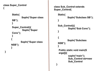}
Static{
Sopln(“Super class
SB”);
}
Static{
Sopln(“Subclass SB”);
}
class Sub_Control extends
Super_Control{
Super_Control(){
Sopln(“Super
Cons”);
}
Sub_Control(){
Sopln(“Sub Cons”);
}
class Super_Control
{
{
Sopln(“Subclass
NSB”);
}
{
Sopln(“Super class
NSB”);
}
}
Public static void main(S
args[]){
sopln(“main”);
Sub_Control sb=new
Sub_Control
 
